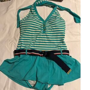 Tommy Hilfiger One Piece Swimsuit Womens 8 teal and White Stripe Belted